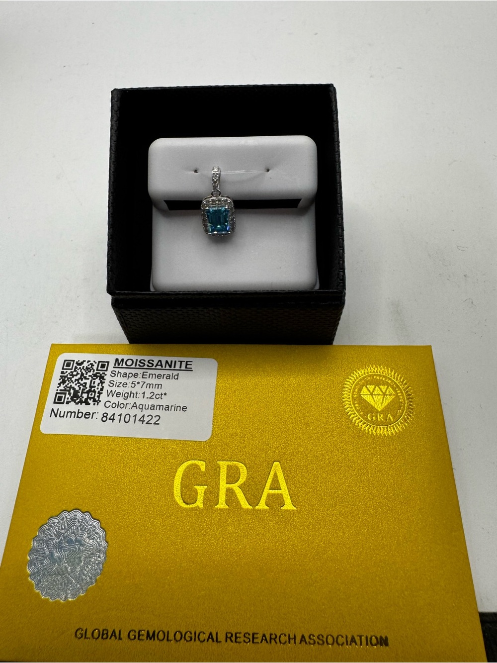 Aquamarine Moissanite Emerald-Cut Pendant Necklace - GRA Certified